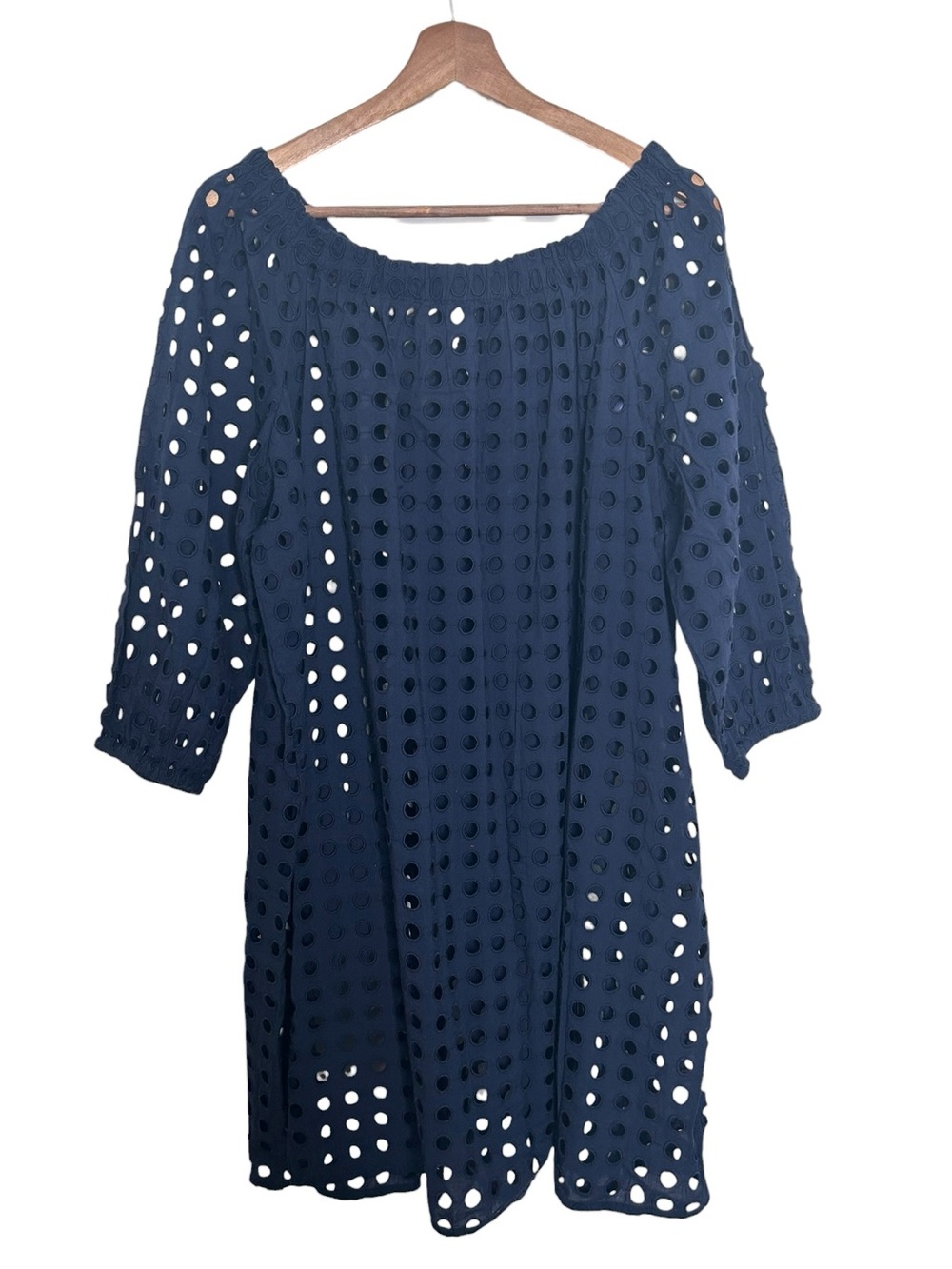 LOFT Beach Navy Blue Eyelet Off The Shoulder Cotton Cover Up Beach Dress Size XL - Picture 7 of 10